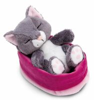 NICI 49746 Maskotka szary kot 12cm śpiący w koszyku, bordowo-różowy GREEN